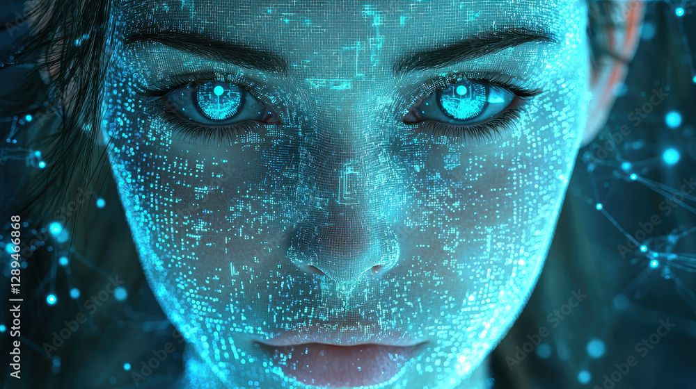 Aufkleber human face transforming into digital avatar with pixelated transitions illustrating the concept of d