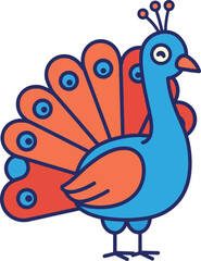 Fototapeta premium Colorful peacock displaying its vibrant feathers in a playful flat vector illustration