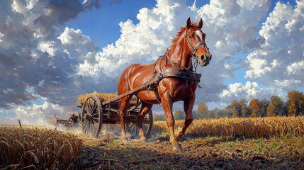 A majestic horse pulling a cart through a golden wheat field under a vibrant, cloudy sky in a rural landscape.