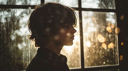 Teenage boy crying silhouette by window, emotional storytelling for blogs, mental health awareness, depression prevention, adolescent psychology studies, youth counseling services, emotional support 