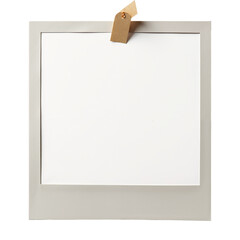 Blank square frame with beige border hanging from a clip on white background, suitable for photos or artwork display