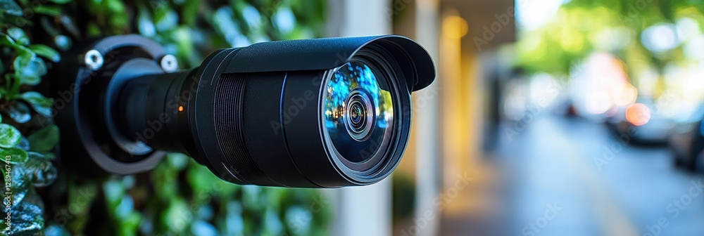 Poster video camera equipped with motion detection capturing the busy street