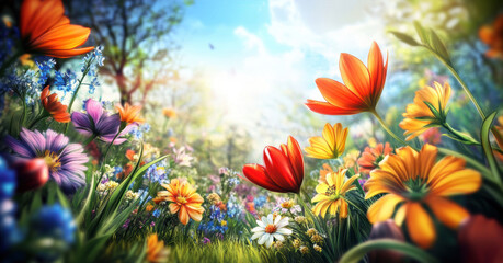 Beautiful colorful wild flowers in Spring.