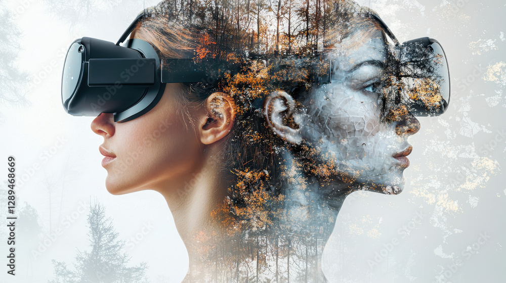 Poster person experiencing virtual reality with an ai-generated face reflection in a natural setting at twi