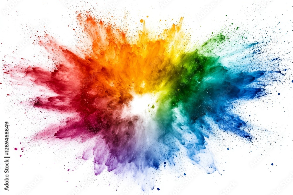 Poster Colorful Burst of Powdery Splashes - A vibrant explosion of colorful powder splashes creating a dynamic visual effect against a white background
