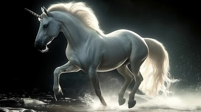 White unicorn galloping in the water. Digital art concept