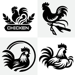 Stylized black and white rooster silhouettes set, minimalist chicken logos