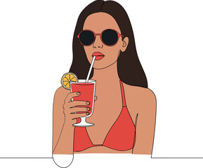 Young woman sipping a refreshing cocktail in a red bikini, minimal vector illustration