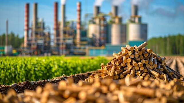 A high-tech wood pellet processing facility, efficiently converting biomass into bioenergy for clean energy solutions