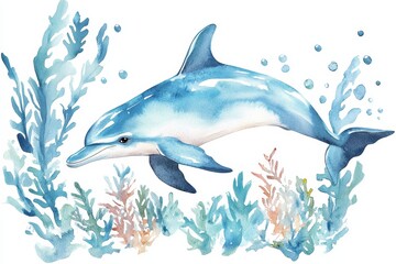 Colorful Dolphin Swimming in Coral Reef - A vibrant watercolor illustration of a dolphin swimming through colorful coral and marine plants in a serene underwater setting