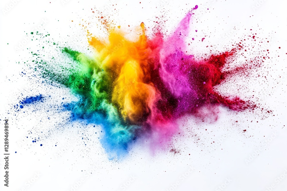 Poster colorful powder explosion on white background - a vibrant explosion of colored powders creating a dy