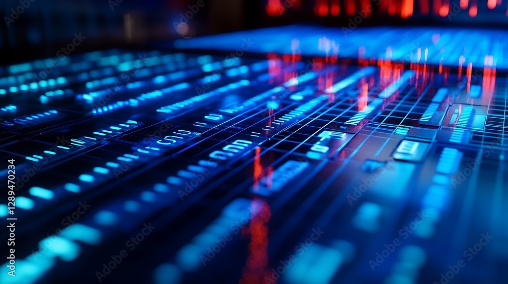 Poster exploring digital information flow with blue and red circuit board style