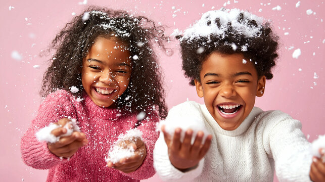 Two joyful children laughing and playing with snow against a pink backdrop during winter