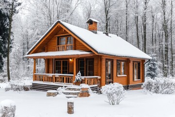 Cozy wooden house in snowy landscape - A charming wooden house surrounded by snow-covered trees, showcasing winter's beauty, nature's tranquility, architectural warmth, and inviting ambiance