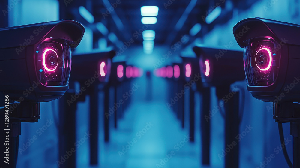 Poster high-tech security monitoring with ai-powered cameras in a futuristic facility featuring sleek desig