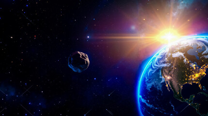 Obraz premium A view of the earth and an asteroid in space