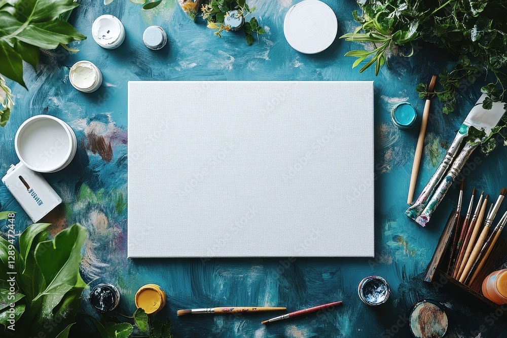 Poster bright and inviting art studio workspace ready for creativity with brushes, paints, and an empty can