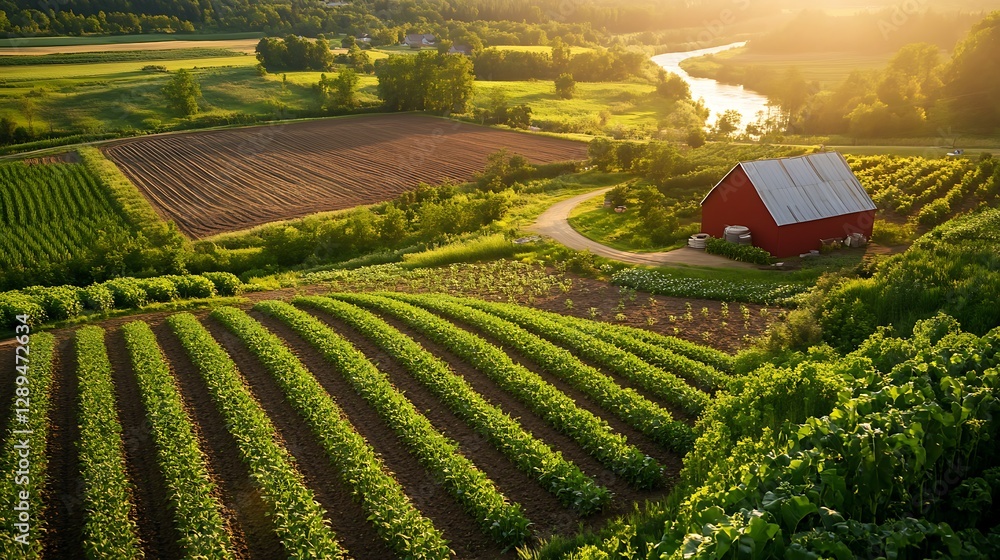 Poster a panoramic view of a farm with fields of different crops, a red barn, and a river running through i