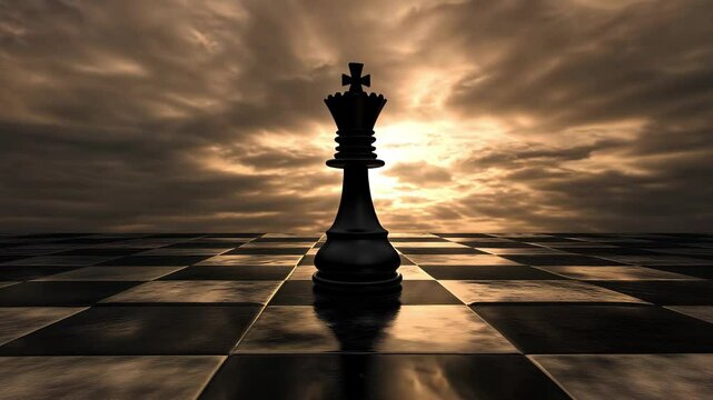 A black king chess piece stands prominently on a reflective chessboard with a striking sky backdrop at sunset