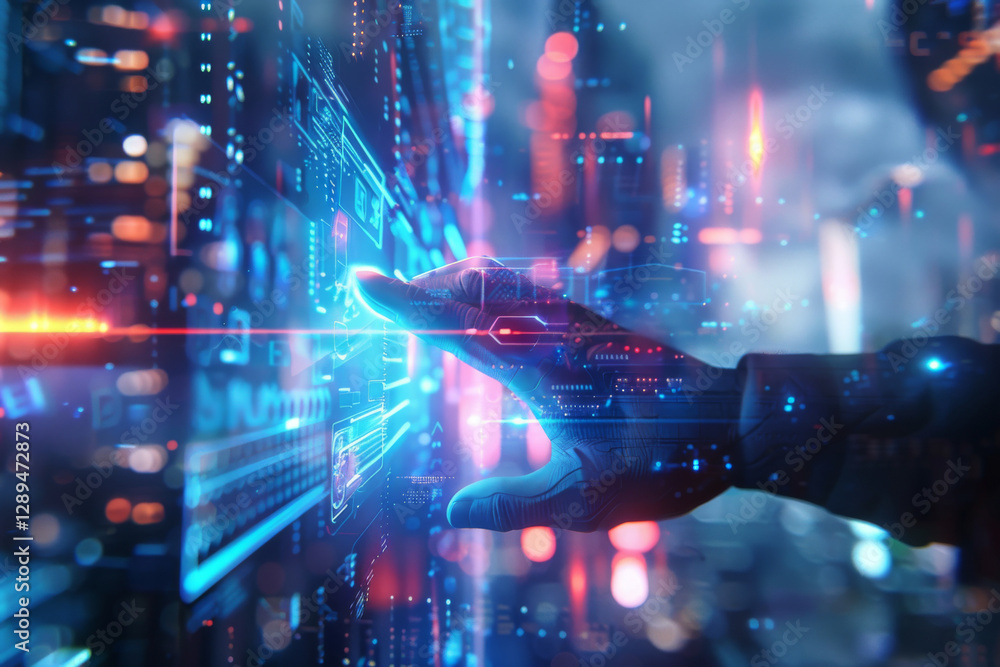 Poster hand touching glowing holographic display. interaction with futuristic interface in virtual reality