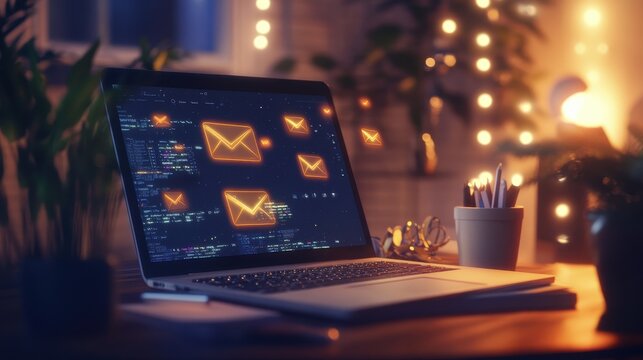 Virtual meeting on laptop with floating email icons