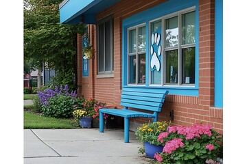 Pet Clinic Exterior, Blue Bench, Flowers