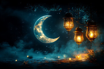 Naklejka premium A beautiful Ramadan-themed illustration featuring a crescent moon, glowing lanterns, and intricate Islamic patterns.