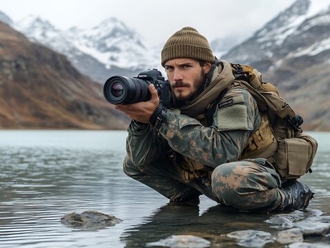 Photographer crouching by lake, mountain backdrop, nature photography