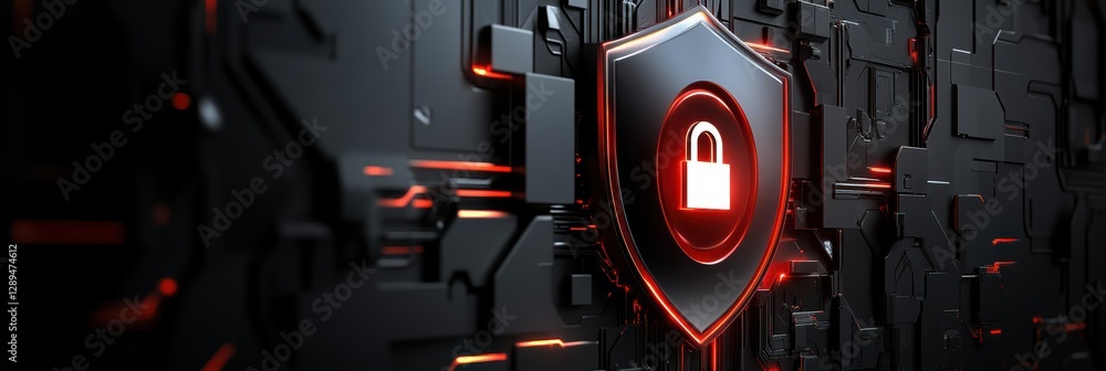 Poster digital security graphic layout showcasing a padlock symbol and dark background elements