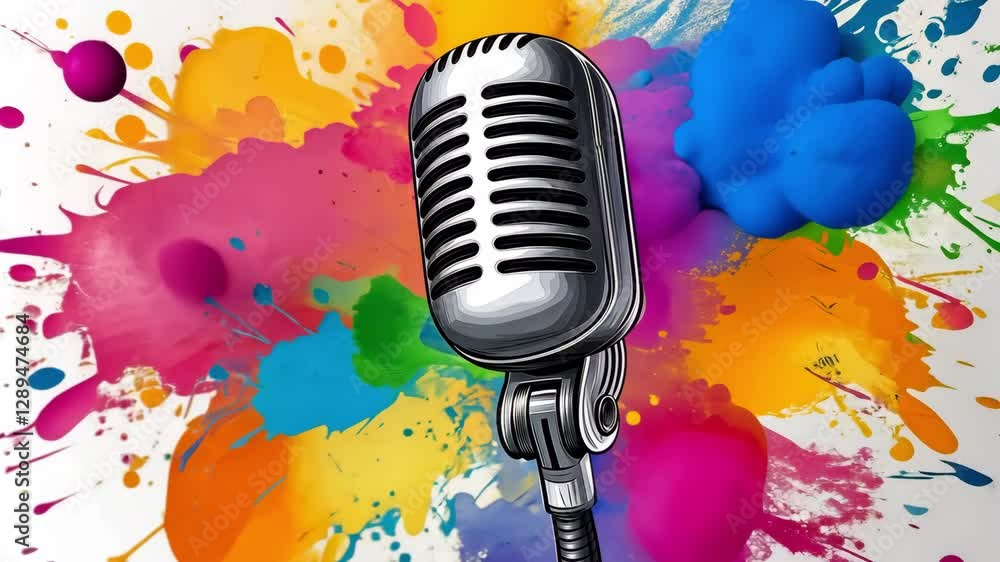 Poster a microphone is placed against a white backdrop with colorful paint splashes that represent artistic