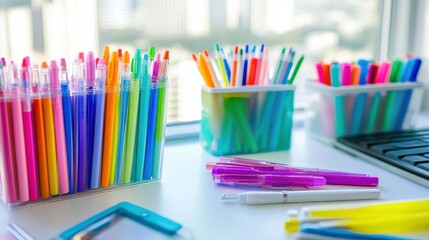 Fototapeta premium Bright Workspace with White Desk Colored Pens and L.