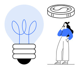Large light bulb symbolizing ideas, coin for value, thoughtful woman representing contemplation. Ideal for creativity, innovation, finance, brainstorming, investment, thinking entrepreneurship