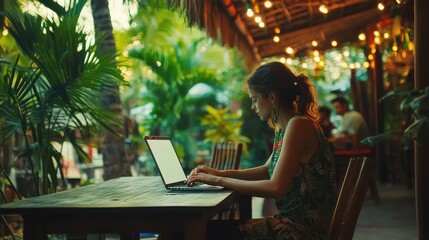 Digital Nomad Typing on Laptop at Outdoor Cafe Ultr.