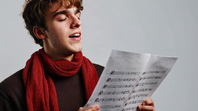 Young man singing with passion holding sheet music against gray background