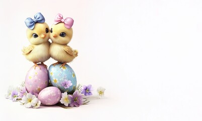 Obraz premium Sweet Spring Chicks Sitting on Colorful Eggs Surrounded by Flowers. Generative AI