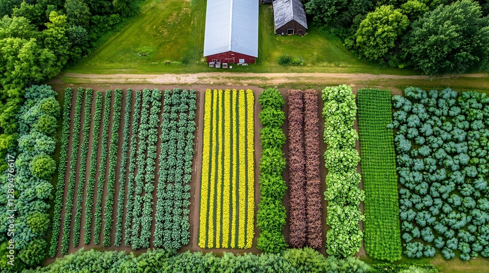 Poster a panoramic view of a large-scale farm with different crops and a barn in the distance