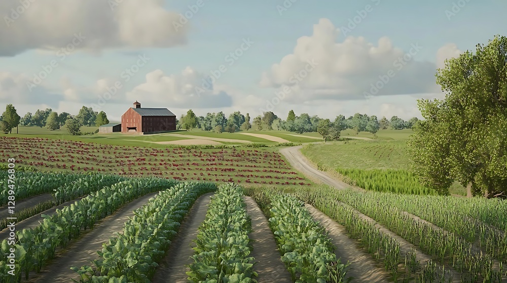 Poster a panoramic view of a large-scale farm with different crops and a barn in the distance