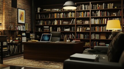 Home office with bookshelves laptop and modern deco