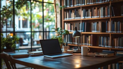 Remote work setup in a library with books and coffee.