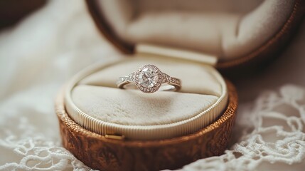 A detailed shot of a vintage wedding ring box with intricate lace details in the background