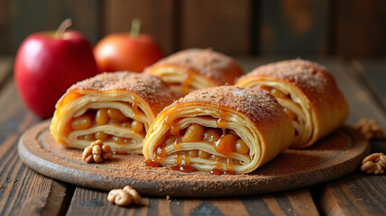 Layered, spiced apple strudel filled with golden raisins and walnuts