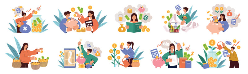 Financial literacy. Investing expense and saving money recent vector concept illustrations in flat style