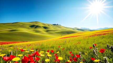 Picturesque rolling farmland with vibrant wildflowers under bright sunshine capturing a scenic countryside environment
