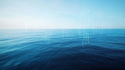 An expansive blue ocean scene with faint overlays of floating augmented reality grids