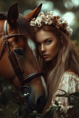 Obraz premium Beautiful female and horse in flower grass field in Spring.