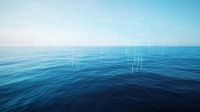 An expansive blue ocean scene with faint overlays of floating augmented reality grids
