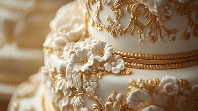 A detailed shot of a wedding cake with intricate floral designs and golden accents - Powered by Adobe