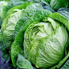 Fototapeta premium A close-up view of fresh green cabbage with intricate leaves, signifying healthy eating and natural produce. The image reflects sustainability and organic food choices.