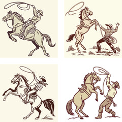 a cowboy bucking horse lassoing  vintage retro vector