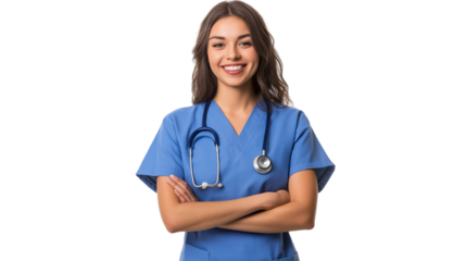 Nurse in blue scrubs, warm and compassionate smile, caring and professional, isolated on a white background
